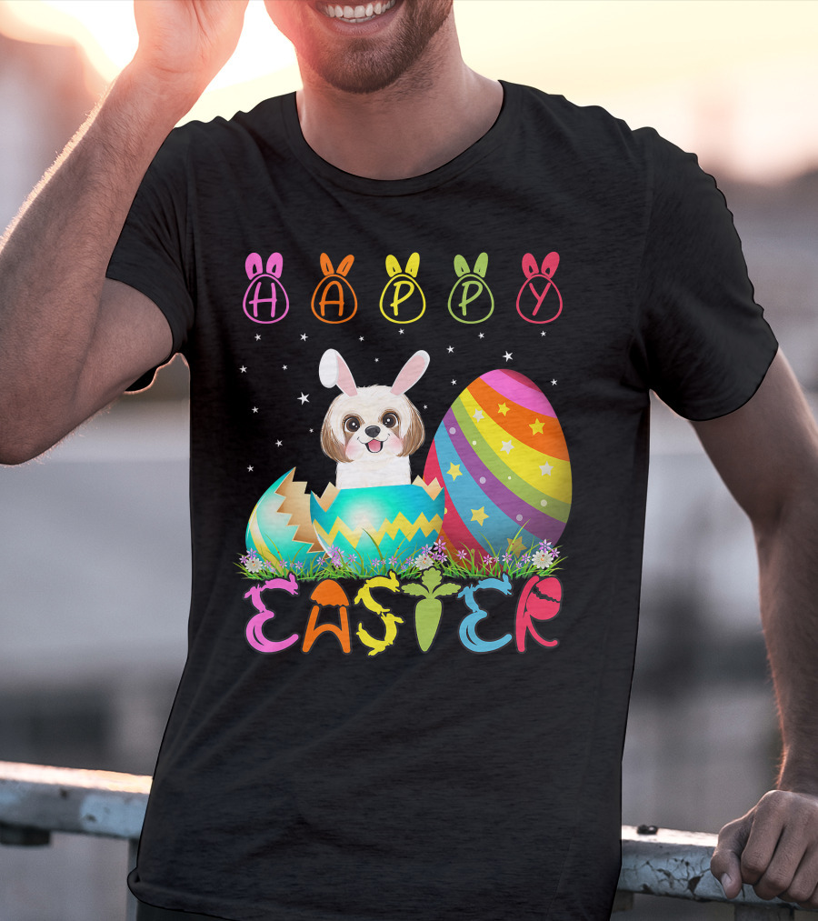 Happy Easter Day Shih Tzu Dog In Colorful Egg Matching T-Shirt
