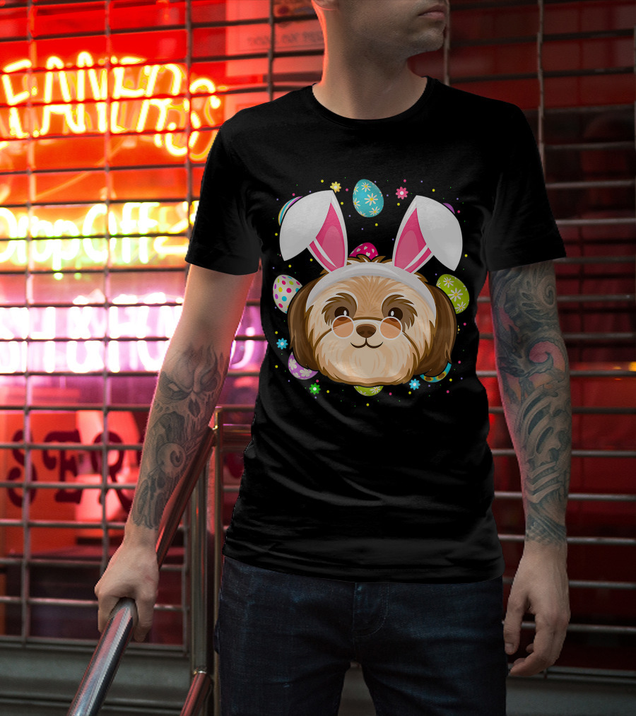Easter Egg Lover Bunny Ear Shih Tzu Dog Face Easter T-Shirt