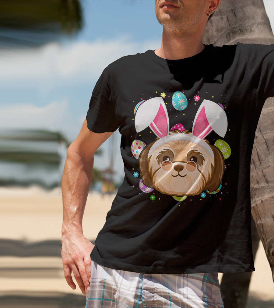 Easter Egg Lover Bunny Ear Shih Tzu Dog Face Easter T-Shirt
