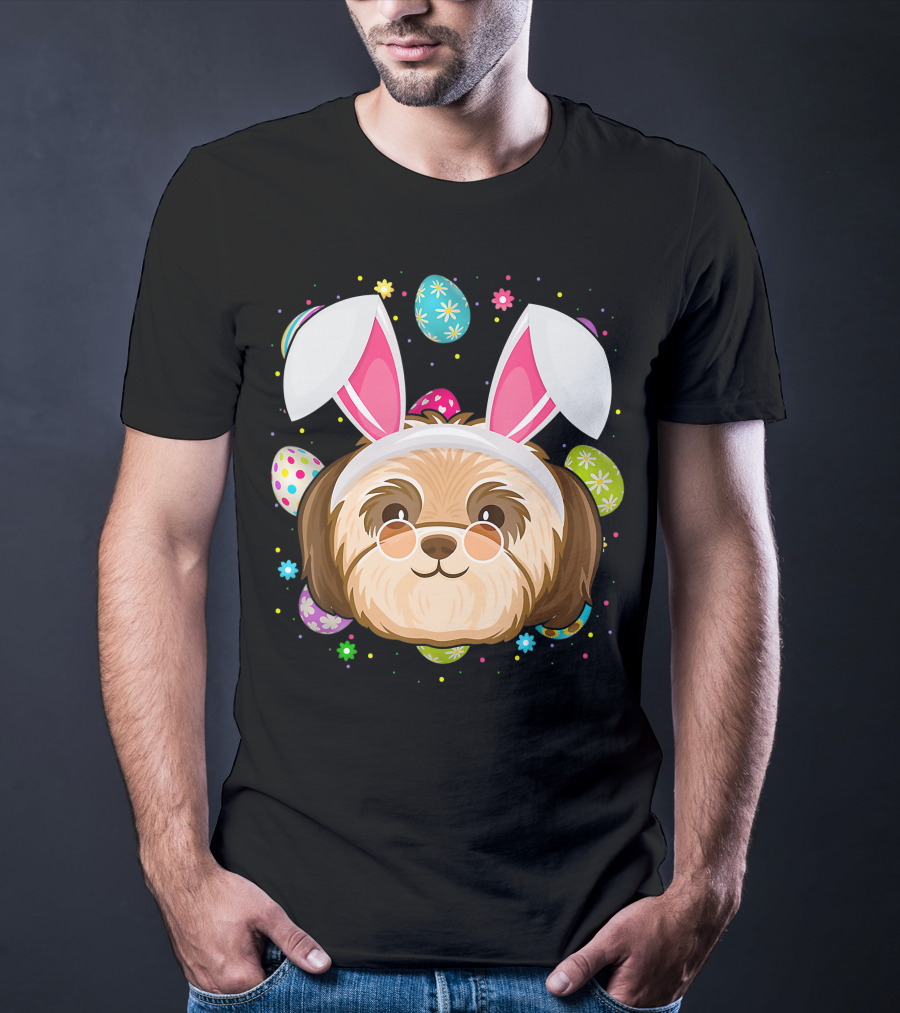 Easter Egg Lover Bunny Ear Shih Tzu Dog Face Easter T-Shirt