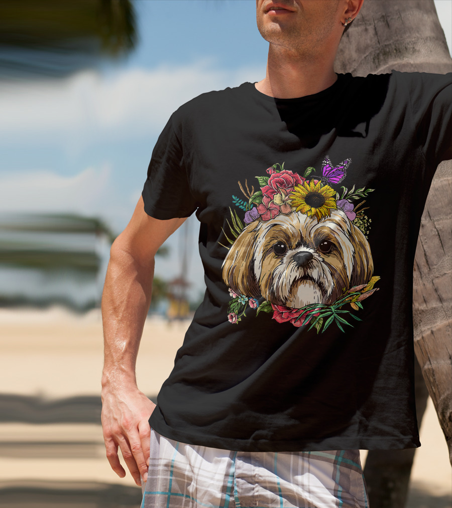 Floral Shih Tzu Dog With Butterfly And Spring Flowers For Nature And Shih Tzu Lovers T-Shirt