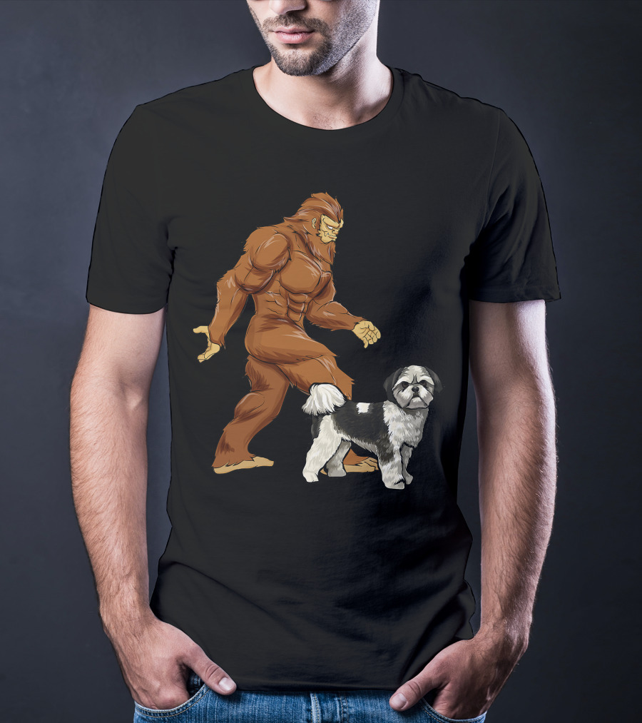 Funny Bigfoot Walking Shih Tzu Sasquatch Dog Comic T-Shirt