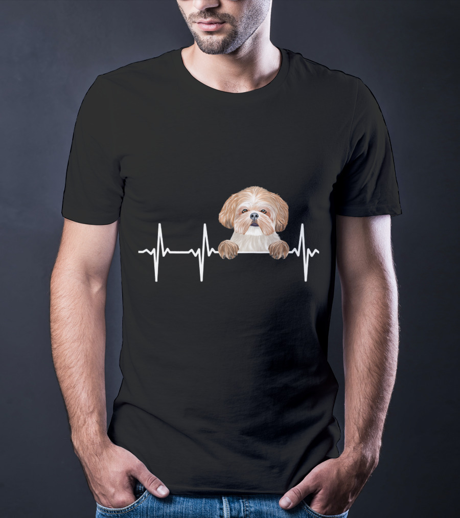 Heartbeat Line With Cute Shih Tzu Illustration For Funny Dog Lovers T-Shirt