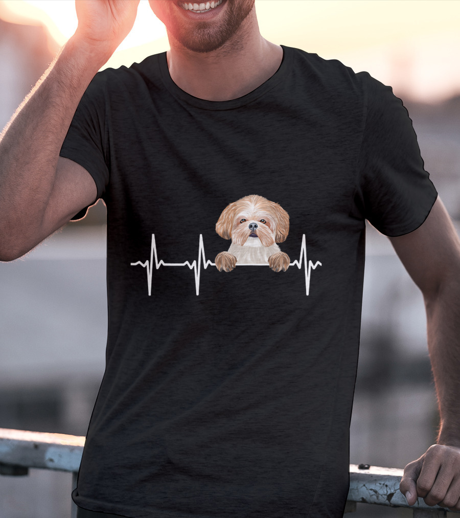 Heartbeat Line With Cute Shih Tzu Illustration For Funny Dog Lovers T-Shirt