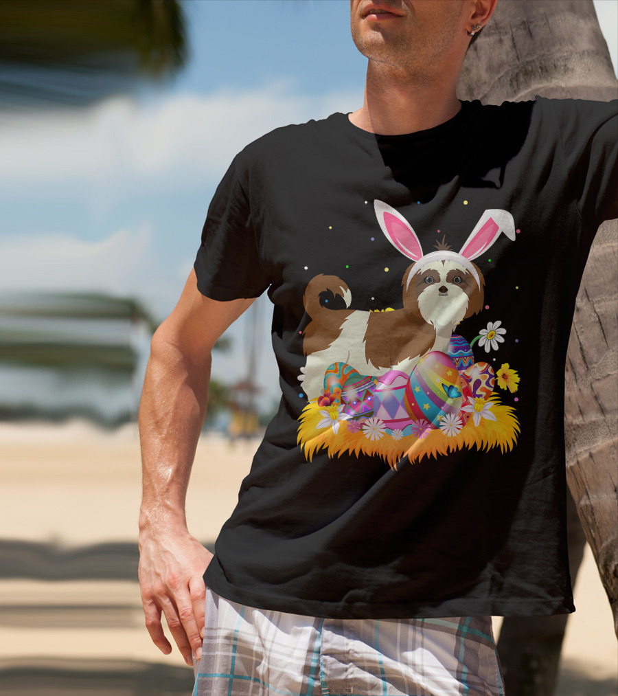 Shih Tzu Bunny Ears With Colorful Easter Eggs And Flowers For Easter Sunday T-Shirt