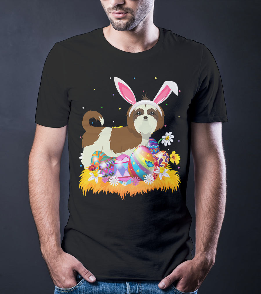 Shih Tzu Bunny Ears With Colorful Easter Eggs And Flowers For Easter Sunday T-Shirt