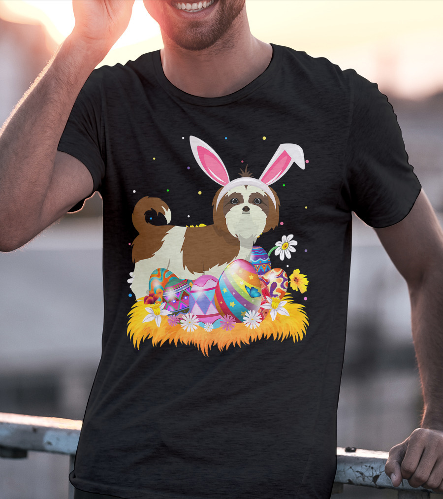 Shih Tzu Bunny Ears With Colorful Easter Eggs And Flowers For Easter Sunday T-Shirt