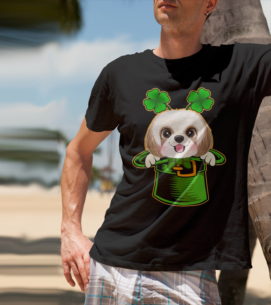 Leprechaun Hat Shih Tzu Dog With Green Clover Antennae T-Shirt