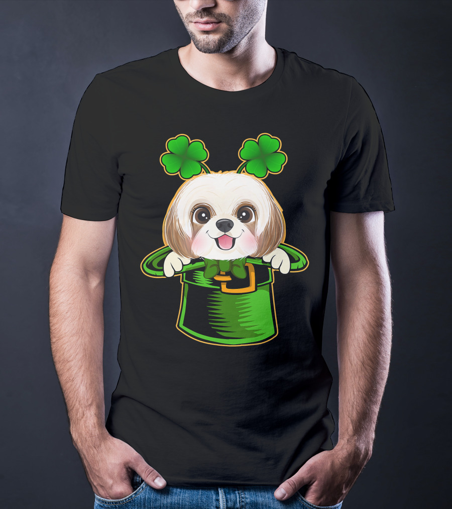 Leprechaun Hat Shih Tzu Dog With Green Clover Antennae T-Shirt