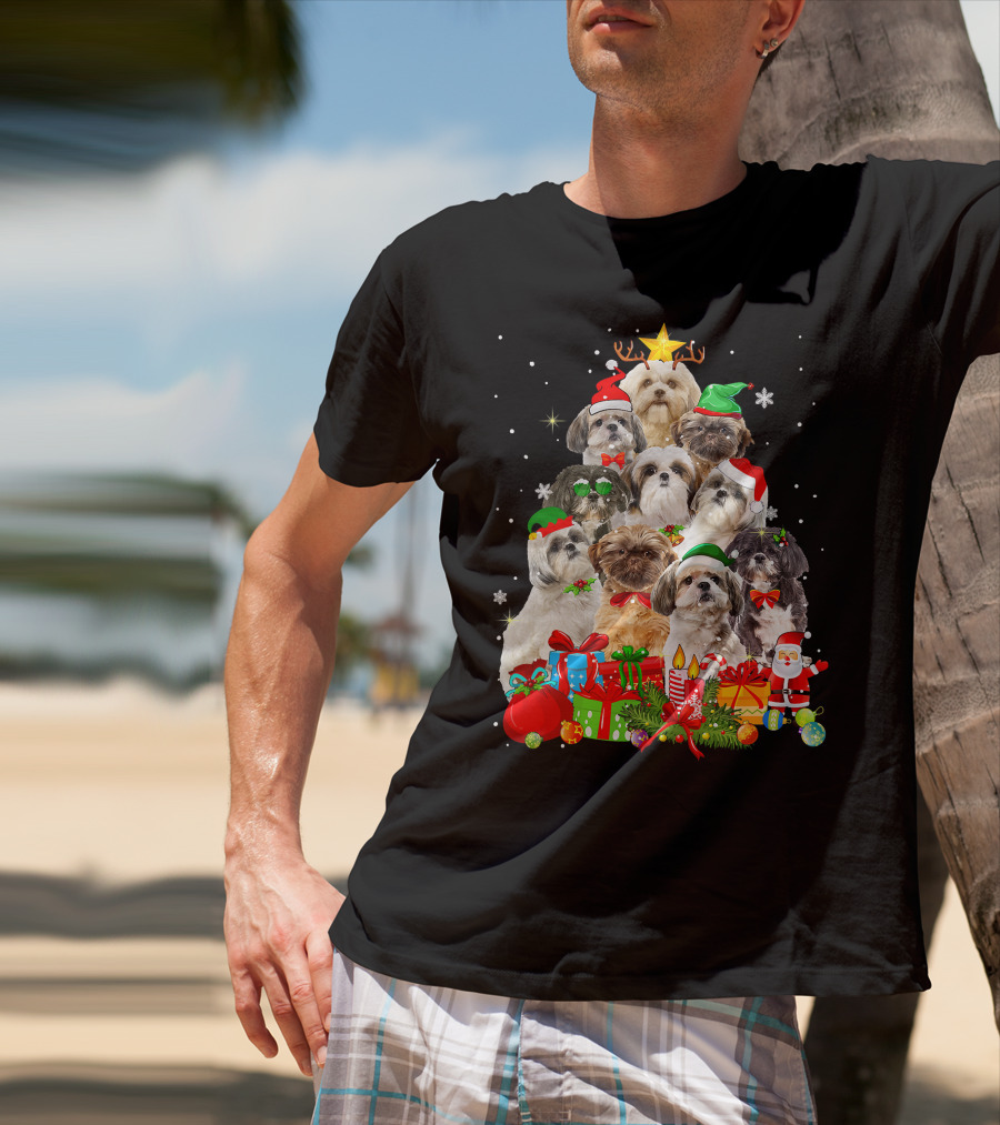 Shih Tzu Christmas Tree With Holiday Lights And Puppy Dogs T-Shirt