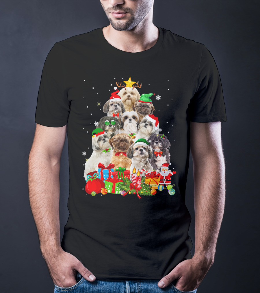 Shih Tzu Christmas Tree With Holiday Lights And Puppy Dogs T-Shirt