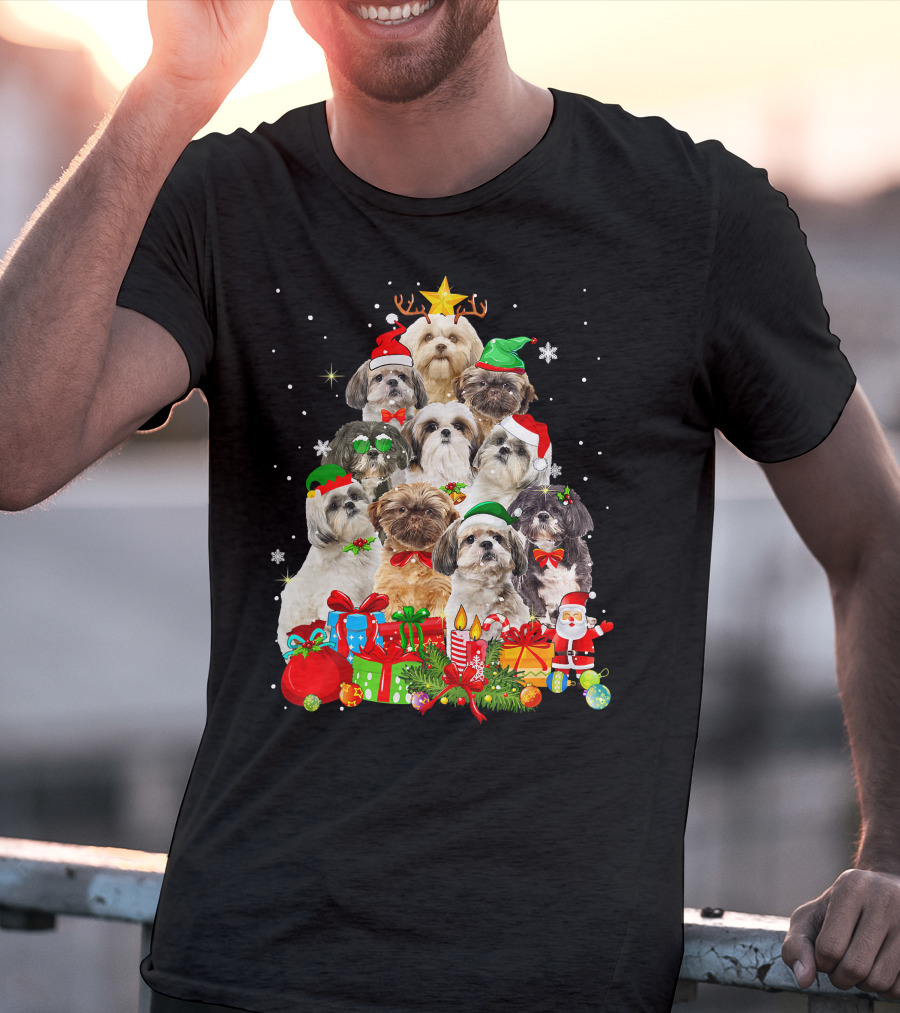 Shih Tzu Christmas Tree With Holiday Lights And Puppy Dogs T-Shirt