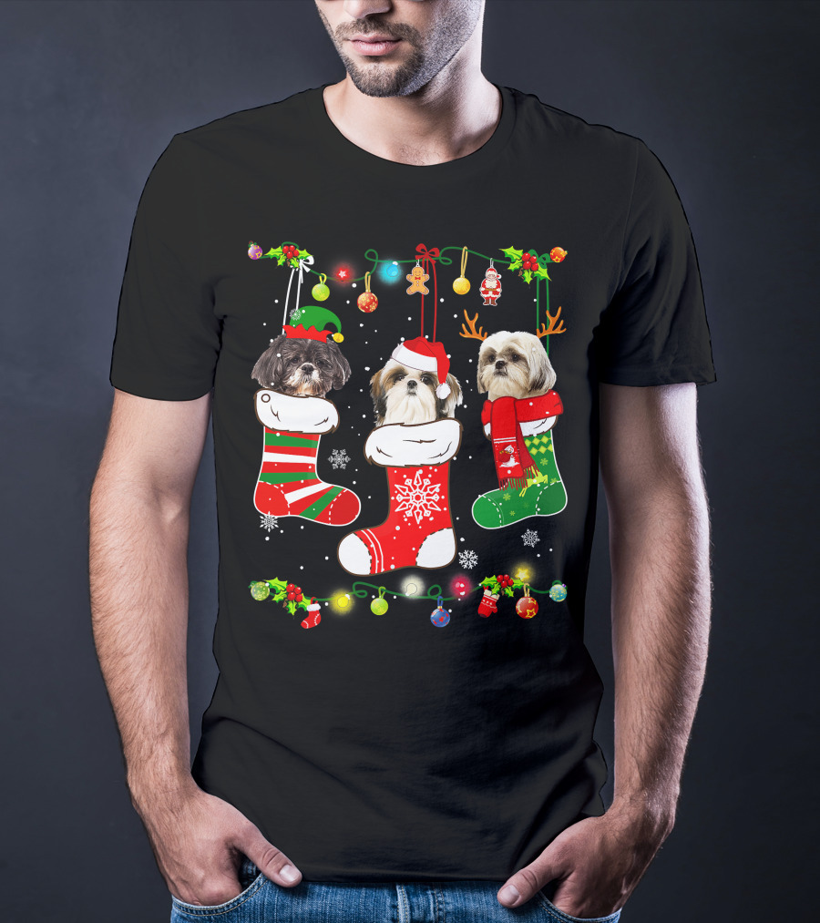 Shih Tzu Dogs In Christmas Stockings With Santa Hats And Christmas Lights T-Shirt