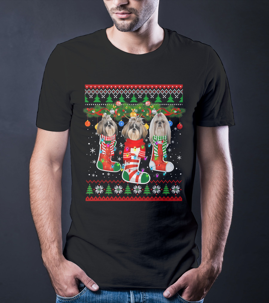 Shih Tzu Dogs Christmas Holiday Socks With Lights And Ornaments T-Shirt