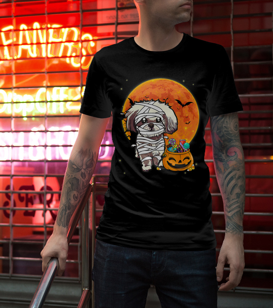 Shih Tzu Mummy Halloween Costume With Pumpkin Candy Bucket And Full Moon T-Shirt