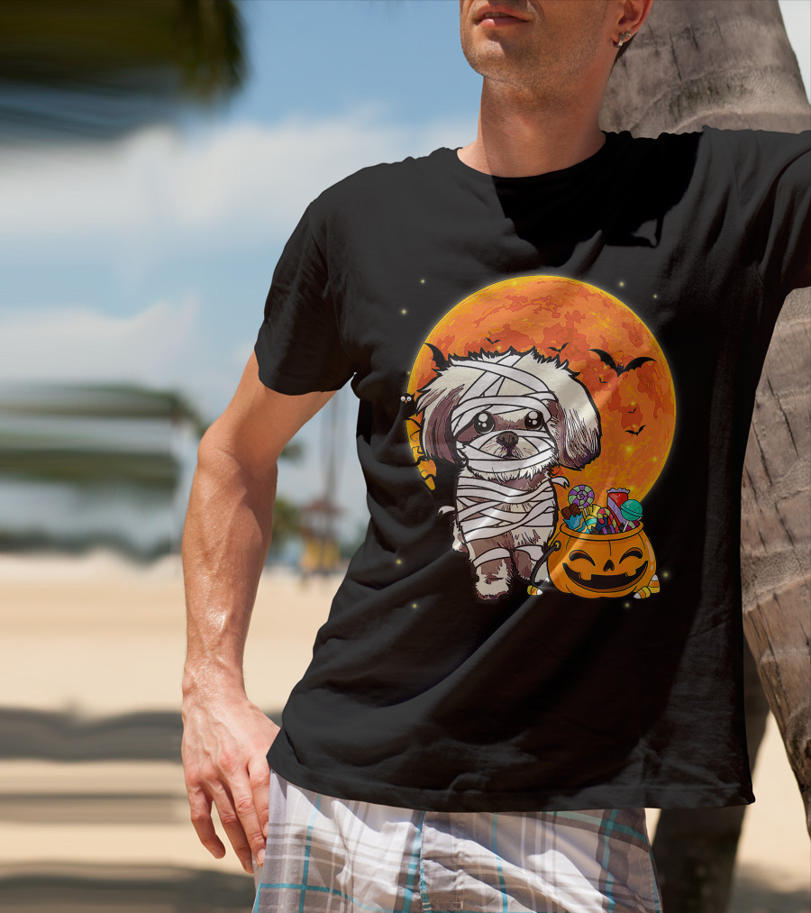 Shih Tzu Mummy Halloween Costume With Pumpkin Candy Bucket And Full Moon T-Shirt