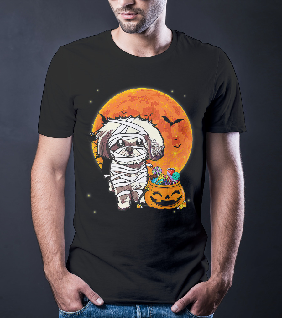 Shih Tzu Mummy Halloween Costume With Pumpkin Candy Bucket And Full Moon T-Shirt