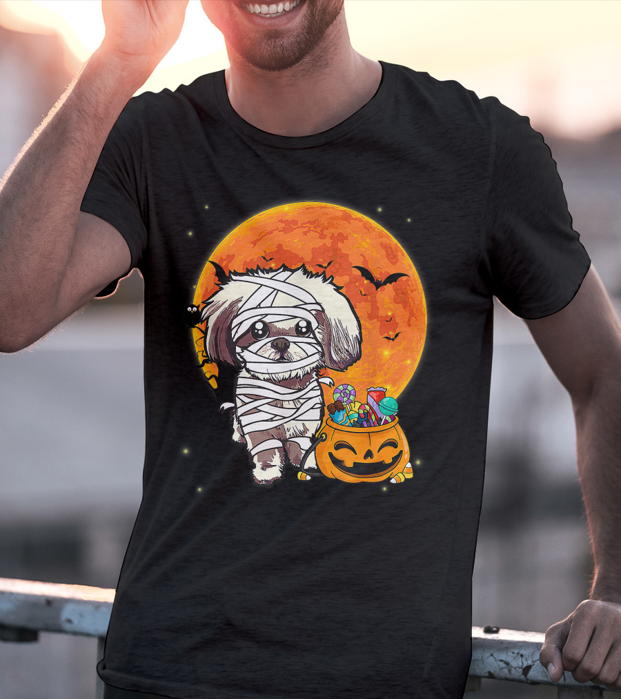 Shih Tzu Mummy Halloween Costume With Pumpkin Candy Bucket And Full Moon T-Shirt