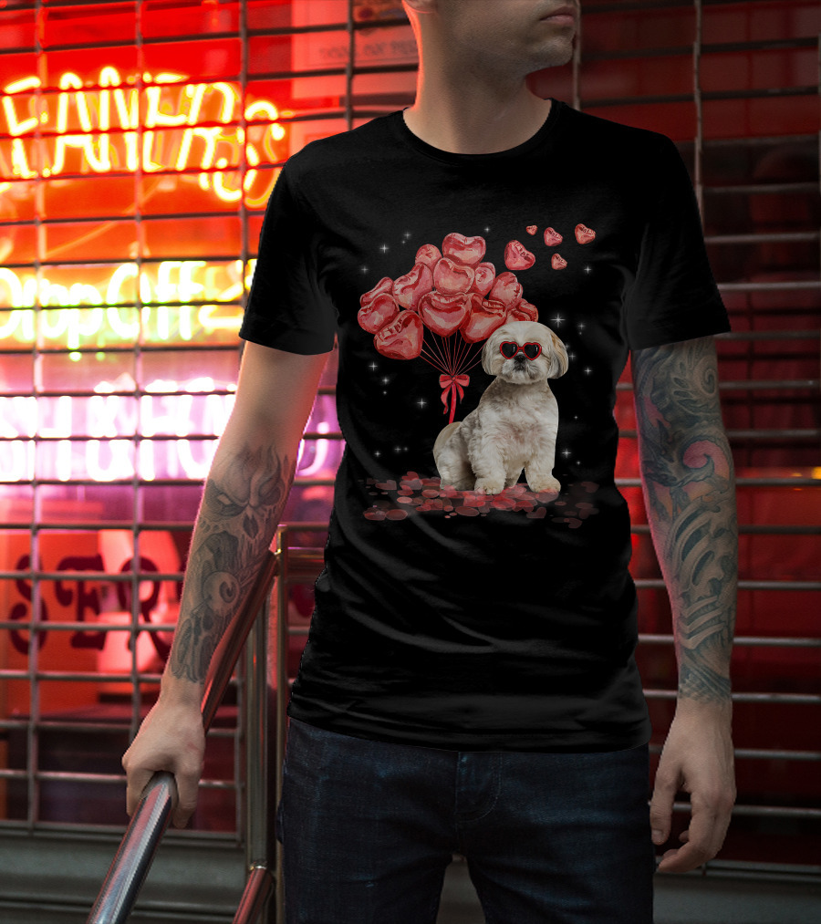 Shih Tzu Heart Balloons Funny Valentines Day Dog Dad Mom T-Shirt