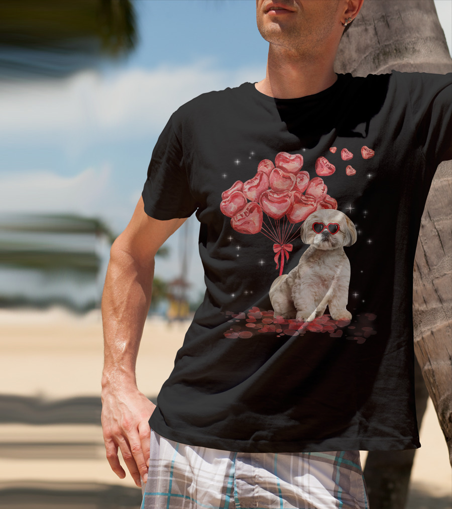 Shih Tzu Heart Balloons Funny Valentines Day Dog Dad Mom T-Shirt