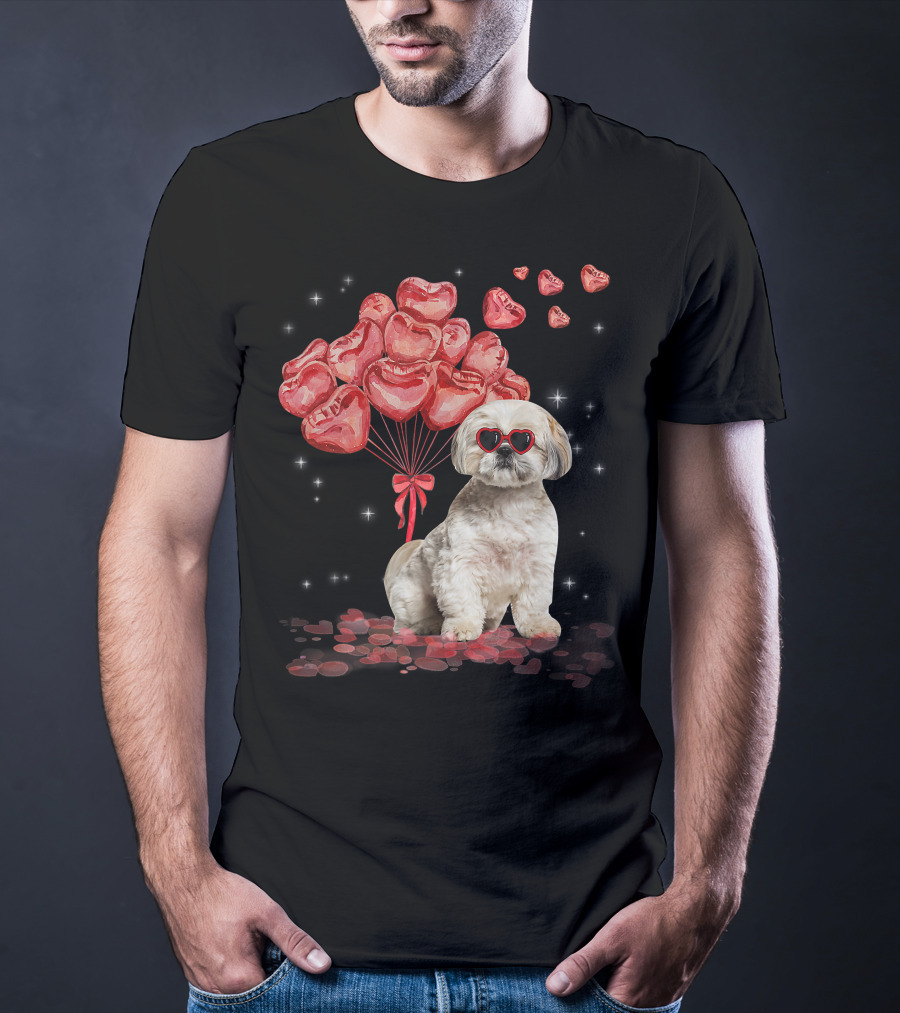 Shih Tzu Heart Balloons Funny Valentines Day Dog Dad Mom T-Shirt