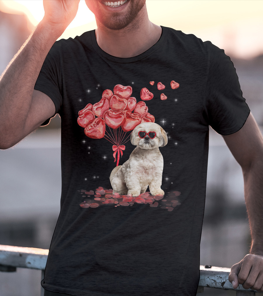 Shih Tzu Heart Balloons Funny Valentines Day Dog Dad Mom T-Shirt
