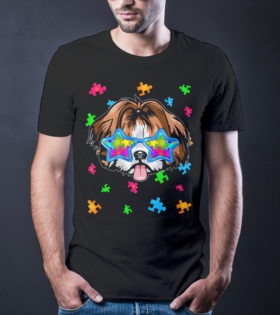 Funny Shih Tzu Star Glasses Puzzle Autism Awareness T-Shirt
