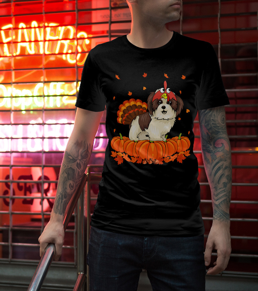 Shih Tzu Dressed As Turkey With Pumpkins And Autumn Leaves Thanksgiving Fun T-Shirt