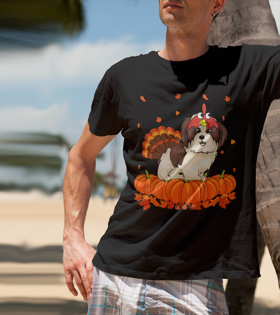 Shih Tzu Dressed As Turkey With Pumpkins And Autumn Leaves Thanksgiving Fun T-Shirt