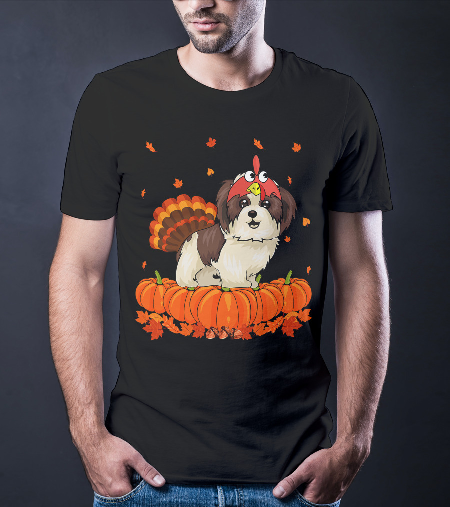 Shih Tzu Dressed As Turkey With Pumpkins And Autumn Leaves Thanksgiving Fun T-Shirt