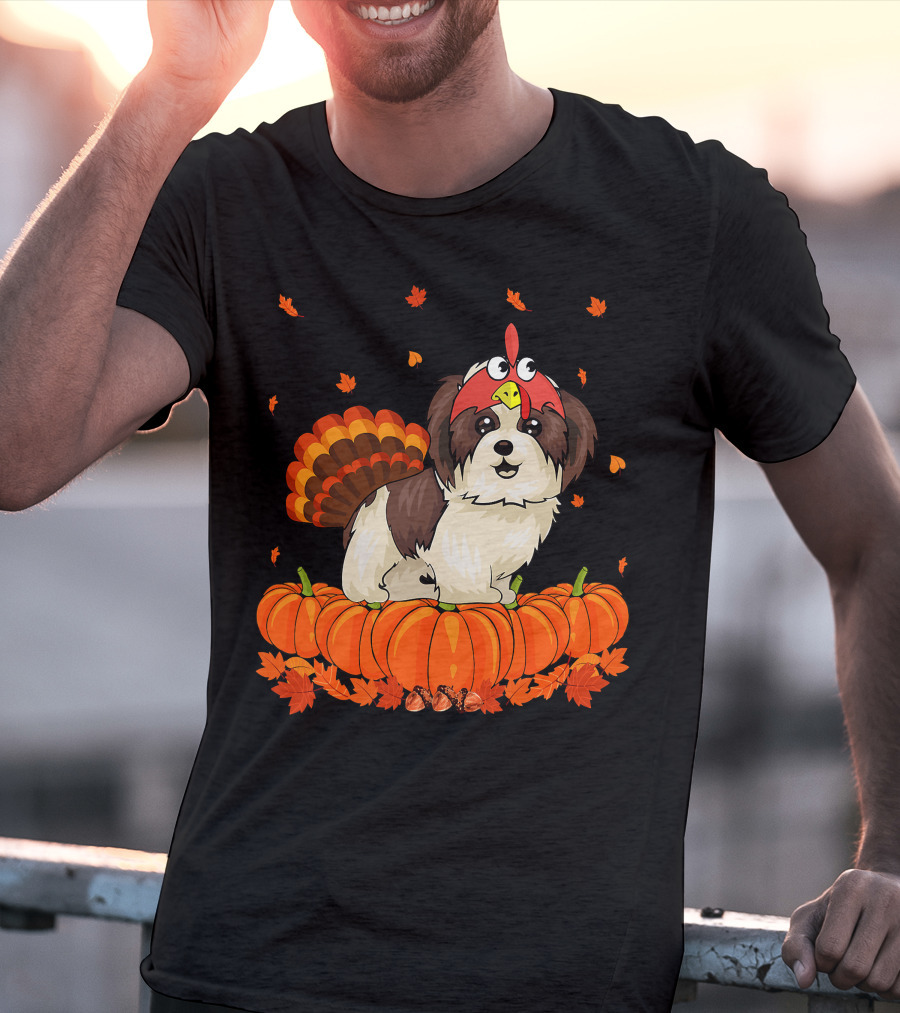 Shih Tzu Dressed As Turkey With Pumpkins And Autumn Leaves Thanksgiving Fun T-Shirt