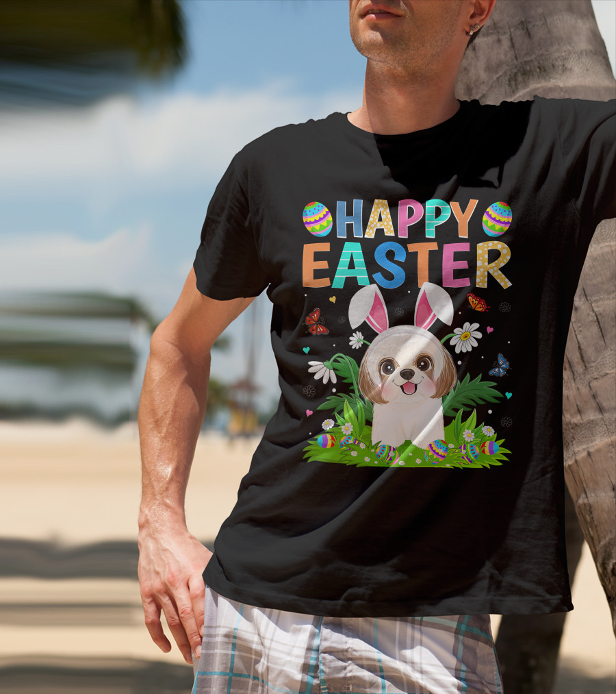 Happy Easter Bunny Shih Tzu Dog With Easter Eggs And Butterflies T-Shirt