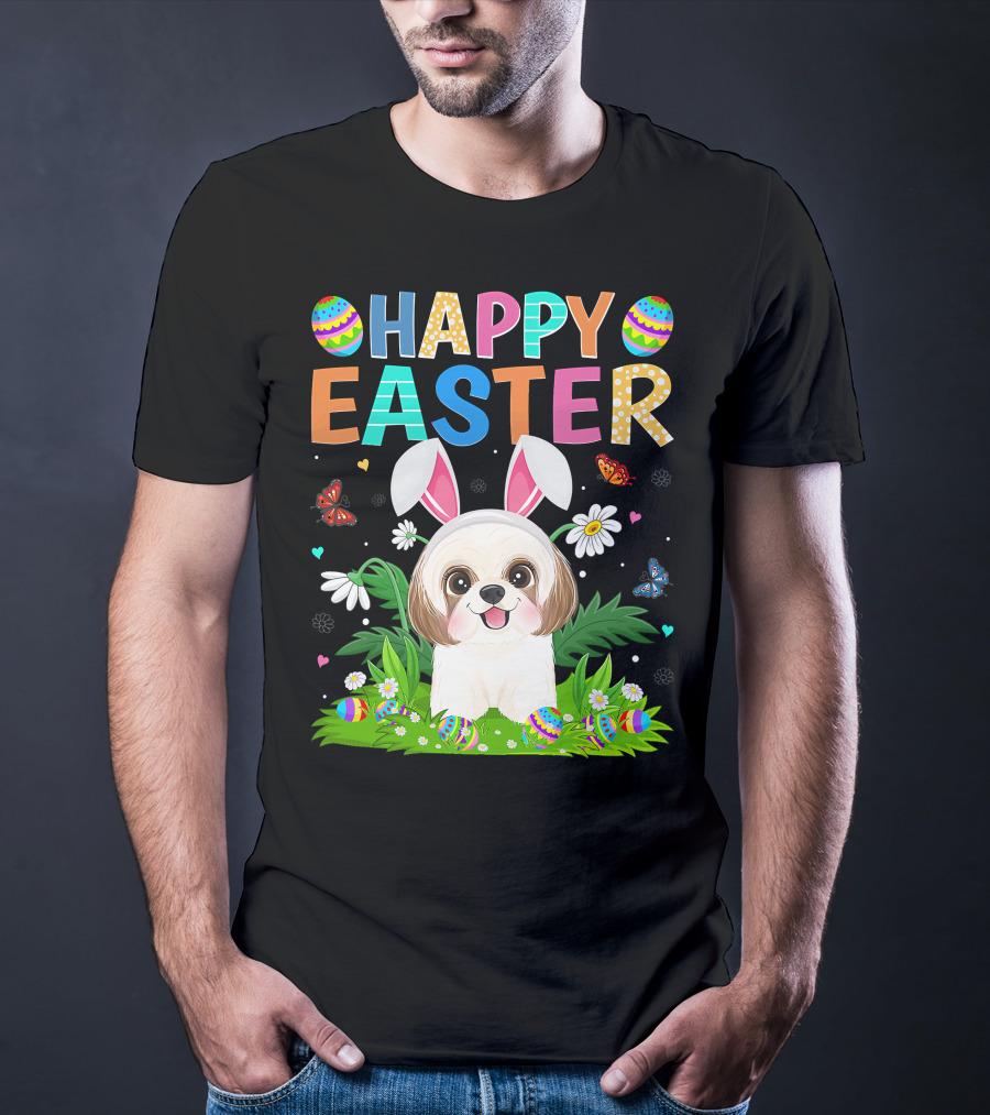 Happy Easter Bunny Shih Tzu Dog With Easter Eggs And Butterflies T-Shirt