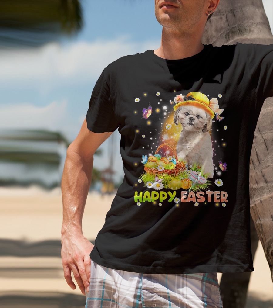 Happy Easter Cute Bunny Dog Shih Tzu With Eggs Basket And Butterflies T-Shirt
