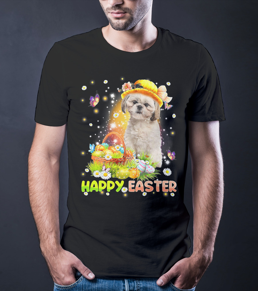 Happy Easter Cute Bunny Dog Shih Tzu With Eggs Basket And Butterflies T-Shirt