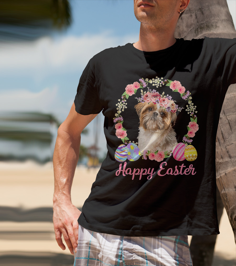 Happy Easter Shih Tzu Dog Flower Wreath With Decorative Eggs T-Shirt