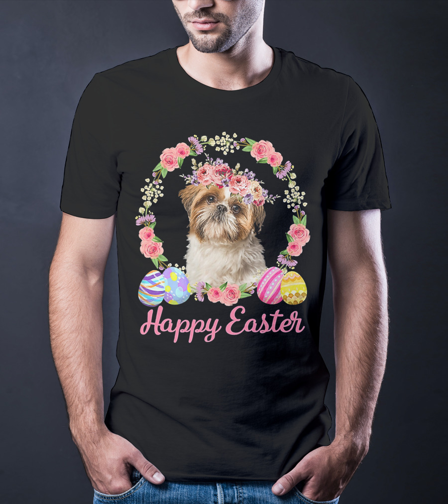 Happy Easter Shih Tzu Dog Flower Wreath With Decorative Eggs T-Shirt
