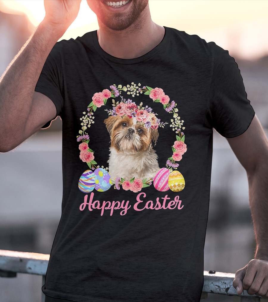 Happy Easter Shih Tzu Dog Flower Wreath With Decorative Eggs T-Shirt
