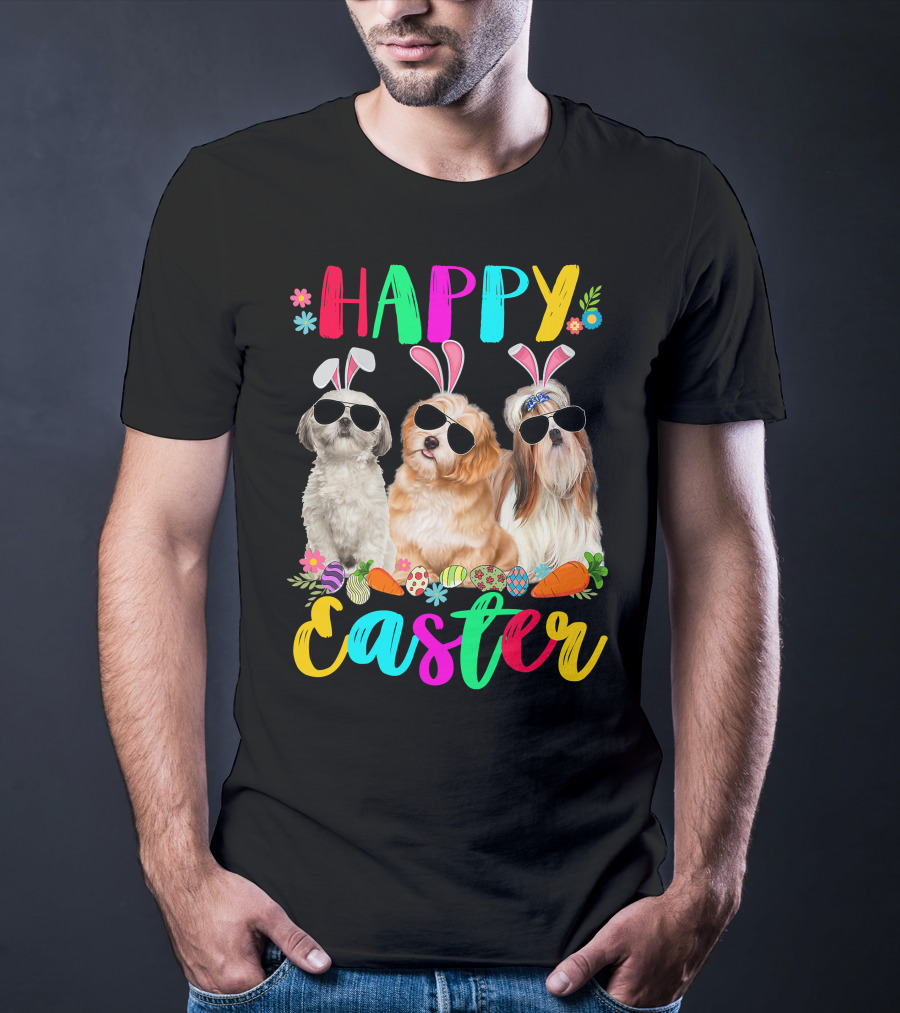 Happy Easter Three Shih Tzu Dogs With Bunny Ears And Sunglasses Eggs Carrots T-Shirt