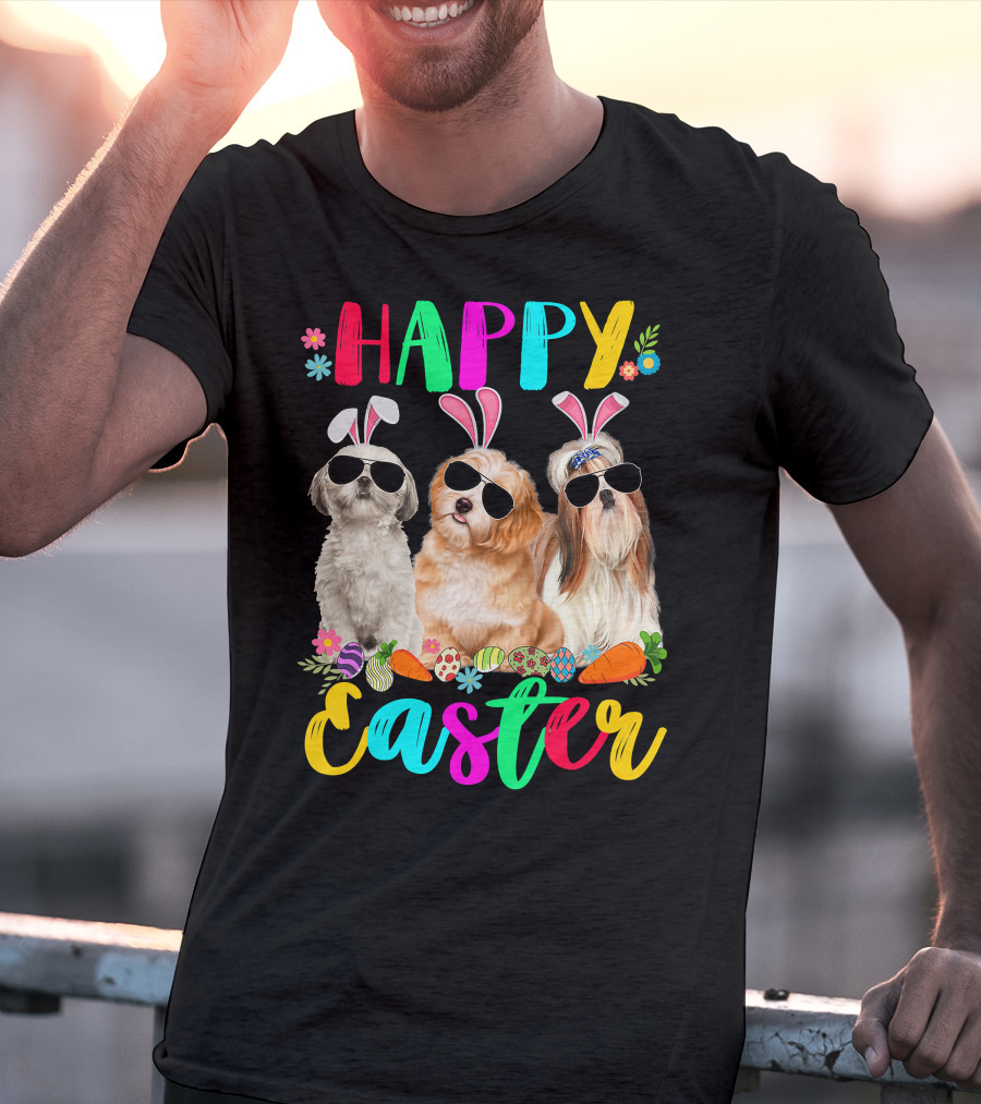 Happy Easter Three Shih Tzu Dogs With Bunny Ears And Sunglasses Eggs Carrots T-Shirt