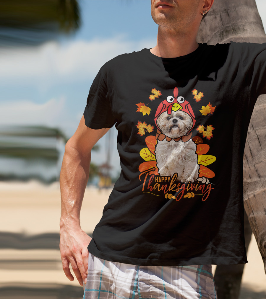 Happy Thanksgiving Shih Tzu Dog In Turkey Costume With Autumn Leaves T-Shirt
