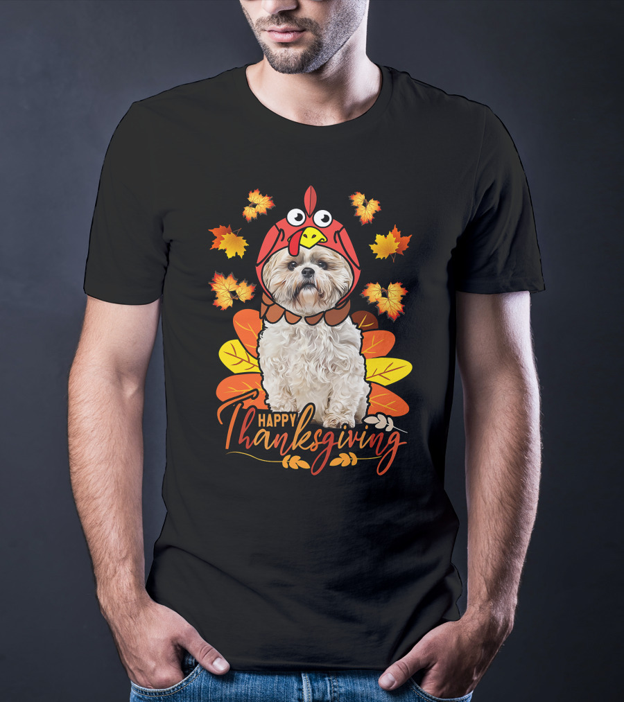 Happy Thanksgiving Shih Tzu Dog In Turkey Costume With Autumn Leaves T-Shirt