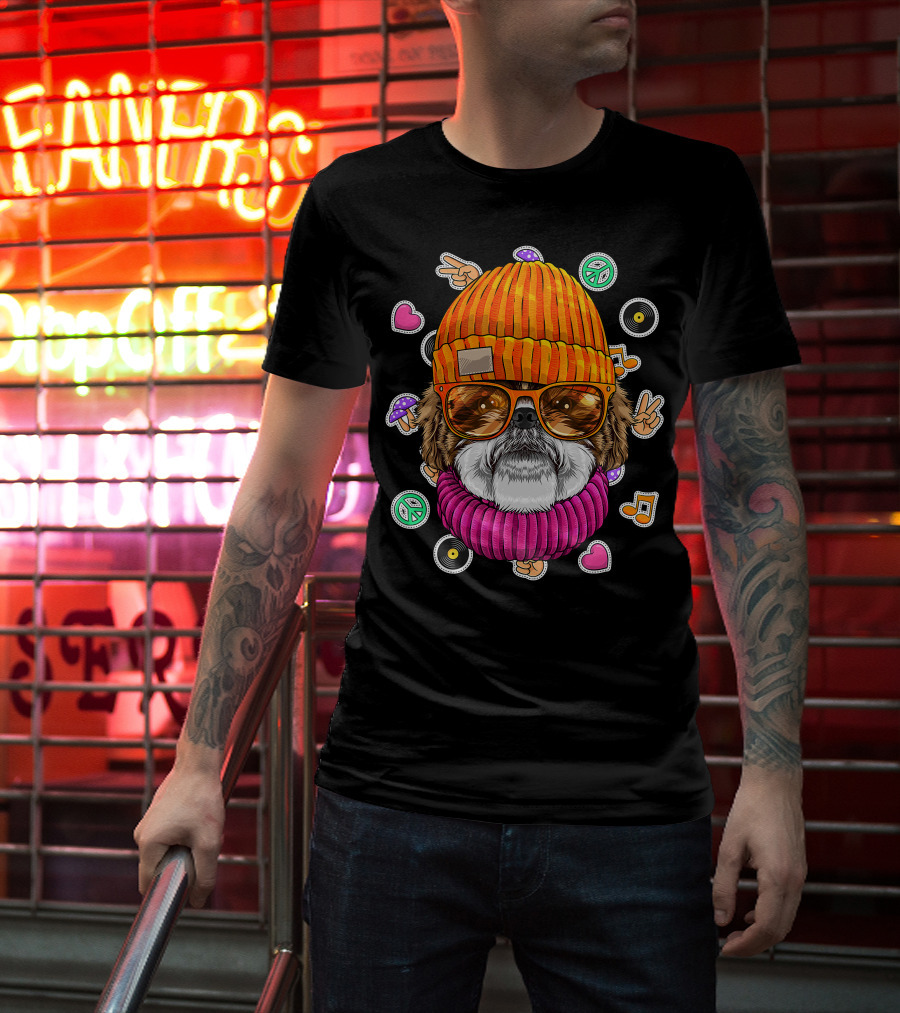 Hipster Shih Tzu With Glasses And Beanie Surrounded By Love Peace And Music Icons T-Shirt