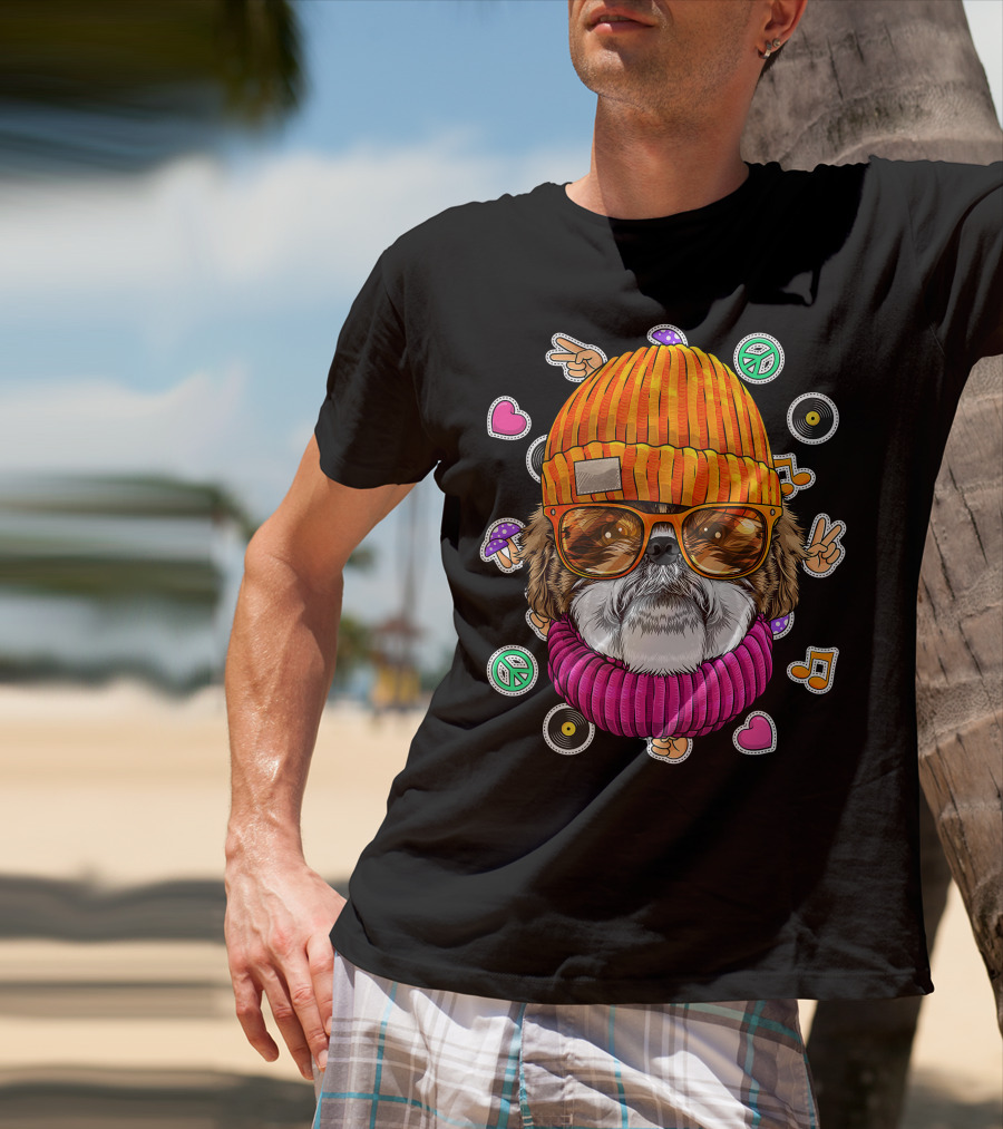 Hipster Shih Tzu With Glasses And Beanie Surrounded By Love Peace And Music Icons T-Shirt