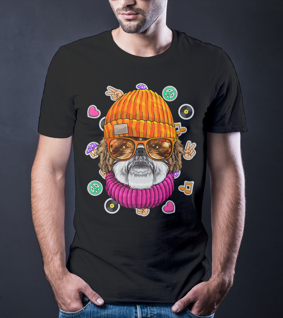 Hipster Shih Tzu With Glasses And Beanie Surrounded By Love Peace And Music Icons T-Shirt