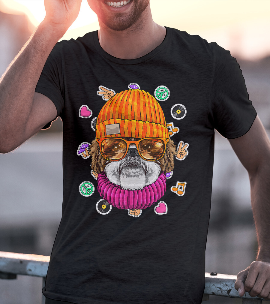 Hipster Shih Tzu With Glasses And Beanie Surrounded By Love Peace And Music Icons T-Shirt