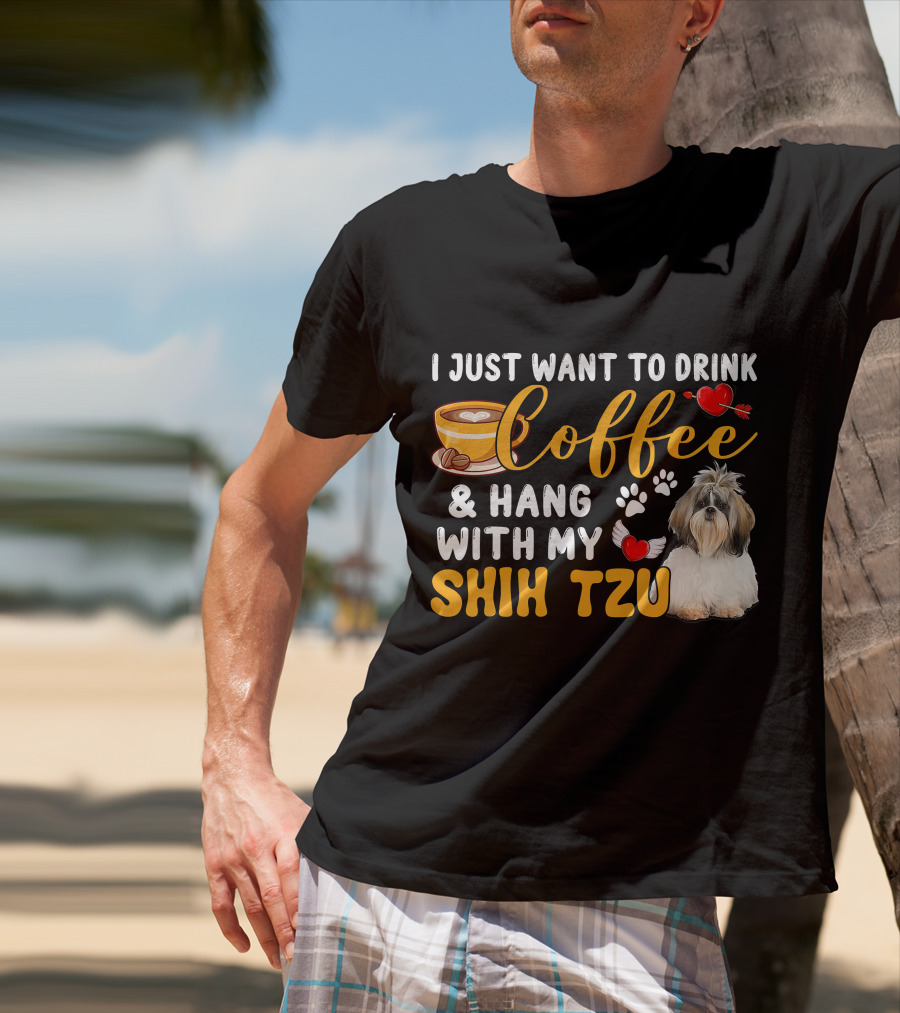 Coffee Lover Shih Tzu With Hearts And Wings T-Shirt