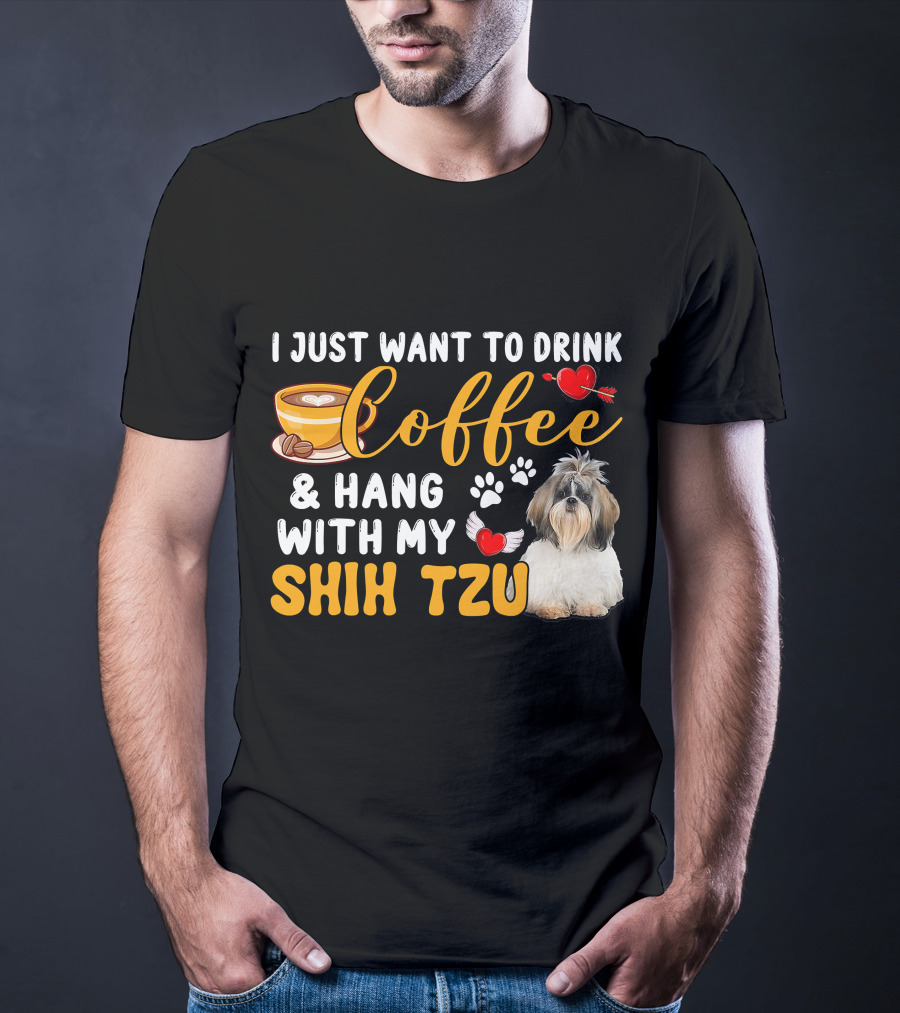 Coffee Lover Shih Tzu With Hearts And Wings T-Shirt