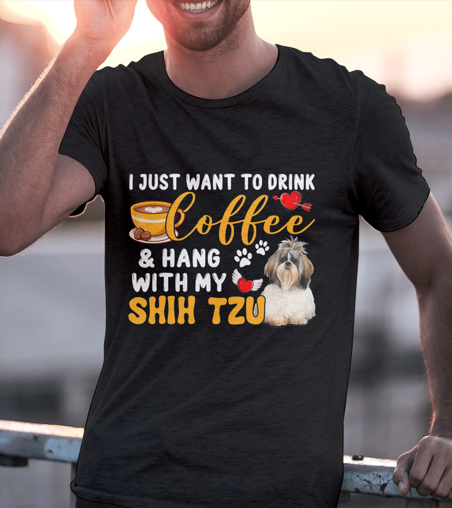 Coffee Lover Shih Tzu With Hearts And Wings T-Shirt