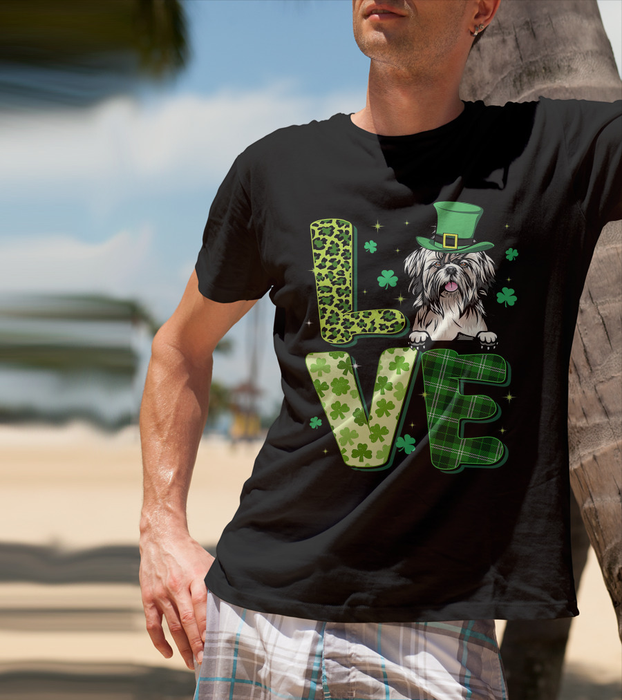 Love Shih Tzu Leopard Plaid Shamrock St Patrick's Day T-Shirt
